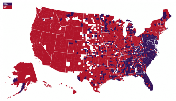map of the USA with mostly red