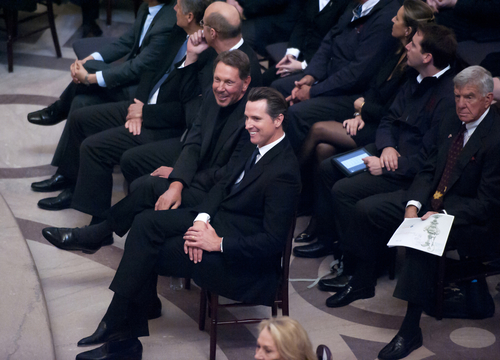 Gavin Newsom chats with Larry Ellison at San Francisco's city hall in 2011