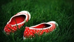 pair of red shoes in grass lawn thumbnail