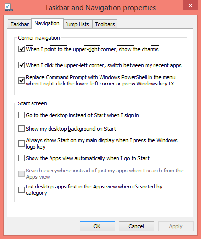 Windows 8.1 Navigation Tab