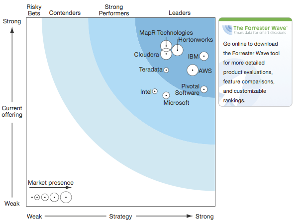 Forrester's visualization of its Hadoop firms' rankings.
