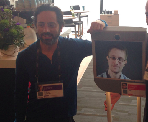Google co-founder Sergey Brin with Edward Snowden (via robot).