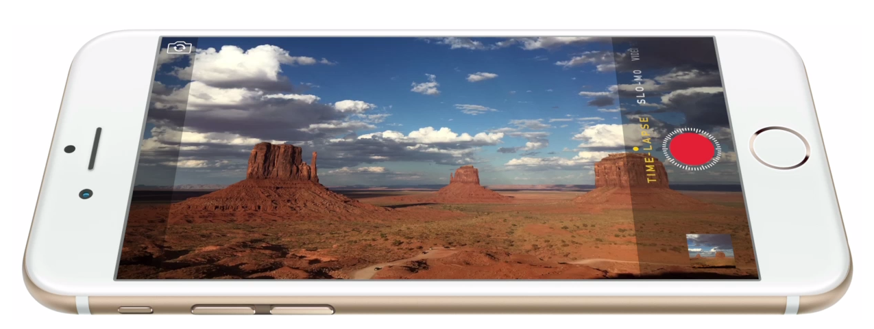 iPhone 6 landscape and angled up at the view with a desert scene on the screen