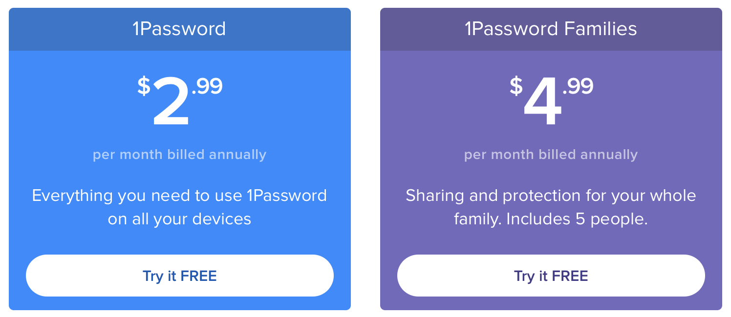 1Password subscription pricing